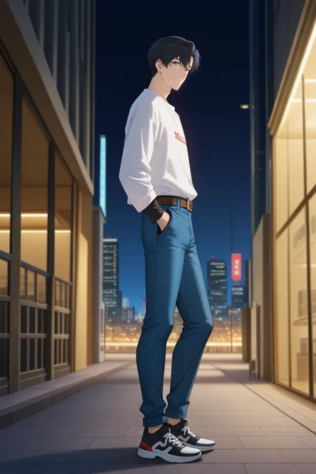 masterpiece, best quality, amazing quality, very aesthetic, high resolution, ultra-detailed, absurdres, newest, scenery, volumetric lighting, depth of field,anime screencap, , , 1boy, solo, male focus, <lora:yexiu:0.88>Ye Xiu, black hair,brown eyes, short hair,Looking at viewer, smile, shirt,outer white, inner white sleeves,closed mouth, standing, white shirt,black shirt,long sleeves,full body, shoes, pants, belt, black footwear, denim, sneakers, hand in pocket, jeans, blue pants,from side,outdoors,city