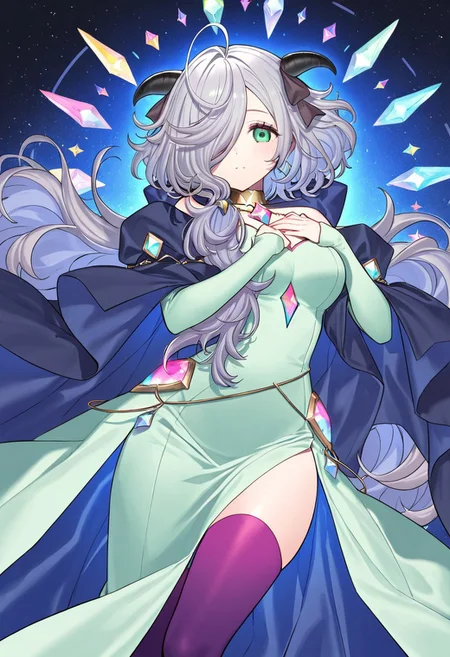 (score_9, score_8, score_7), masterwork, masterpiece, best quality, beautiful eyes, beautiful face, detailed eyes,detailed face, 1girl, eitr01, long silver hair, side-swept bangs, black curved horns,
mint green dress, ivory outer layer, deep violet inner skirt, high slit dress,
purple thigh-high stockings, navy blue and violet cape,
shiny crystal decorations, glowing light blue and pink gems, golden choker with geometric ornament, dynamic angles