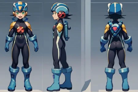 (masterpiece, official art), best quality, 1boy, solo, chara-sheet, megaman, blue footwear, blue headwear, bodysuit, boots, covered collarbone, full body, gloves, green eyes, helmet, backpack, looking at viewer, male focus, open mouth, purple bodysuit, simple background, smile, solo, standing, muscular, large pectorals, thick thighs