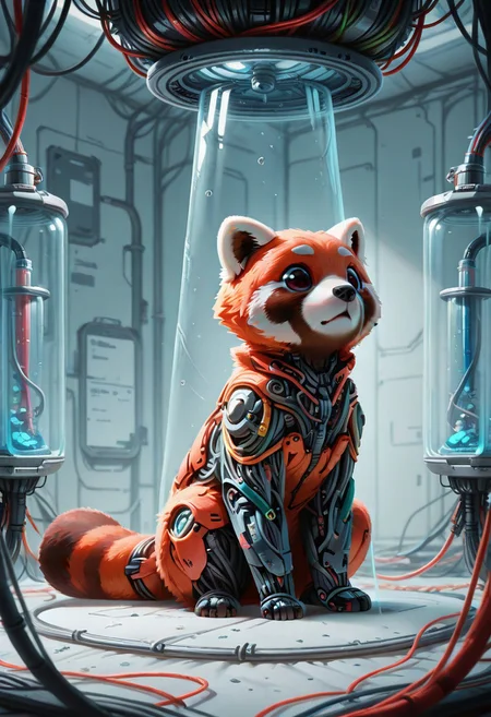 (masterpiece, best quality, high quality, highres), very awa, highres, absurdres,
(chii-kun \(seedyoulater\):0.7), (naguru \(cyoroama\):0.6),
(cyborg red panda:1.1),
mad-cable,
(no humans:1.1), (cute:1.2), comfy, solo, cozy,
laboratory, surprised,