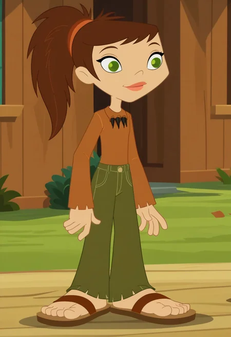 score_9, score_8_up, score_7_up, 1girl, solo,
long-sleeved brown sienna shirt, olive green pants, brown hair, green eyes, sharp ponytail, sandals
woods background,perfect hands, show accurate, perfect anatomy, perfect feet,