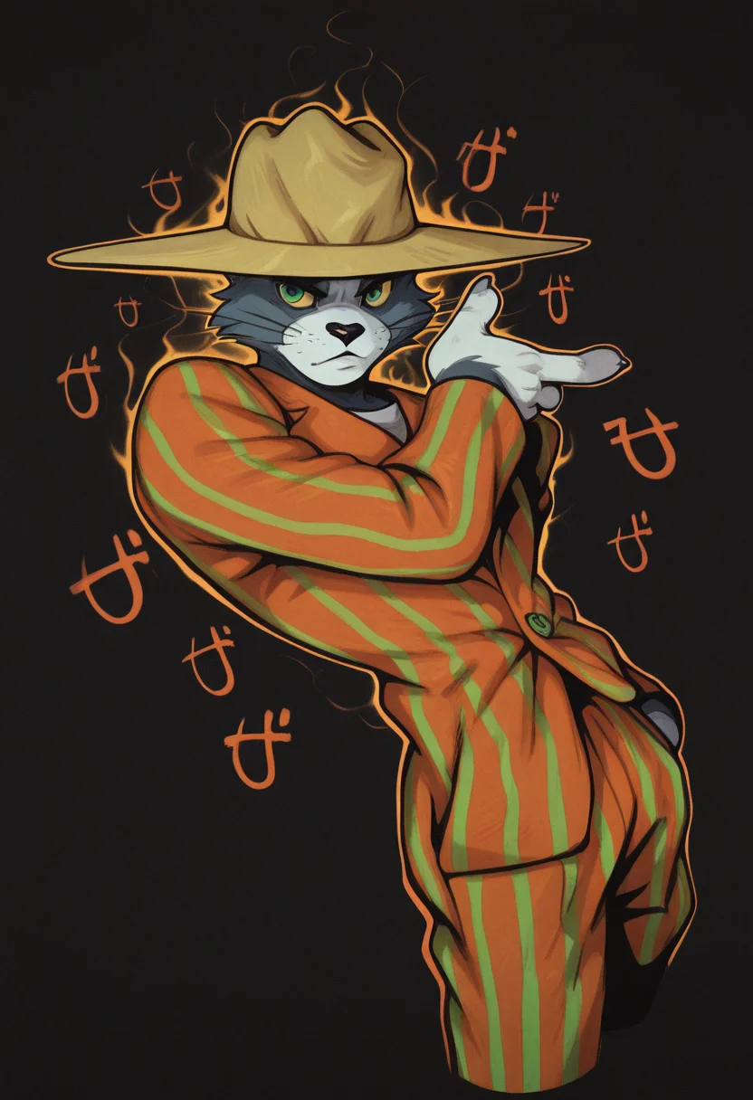 masterpiece, best quality, Graphic Design, color art, vibrant colors, colorful, intricate details, high contrast, detailed background, beautiful detailed, beautiful face, detailed eyes, detailed face, new, newest, z00tt0m, 1boy, solo, male focus, furry, cat, yellow sclera, green eyes, grey fur, whiskers, hat, formal, suit, striped jacket, striped pants, simple background, black background, cowboy shot, dutch angle, dynamic pose, jojo pose, orange aura, menacing,