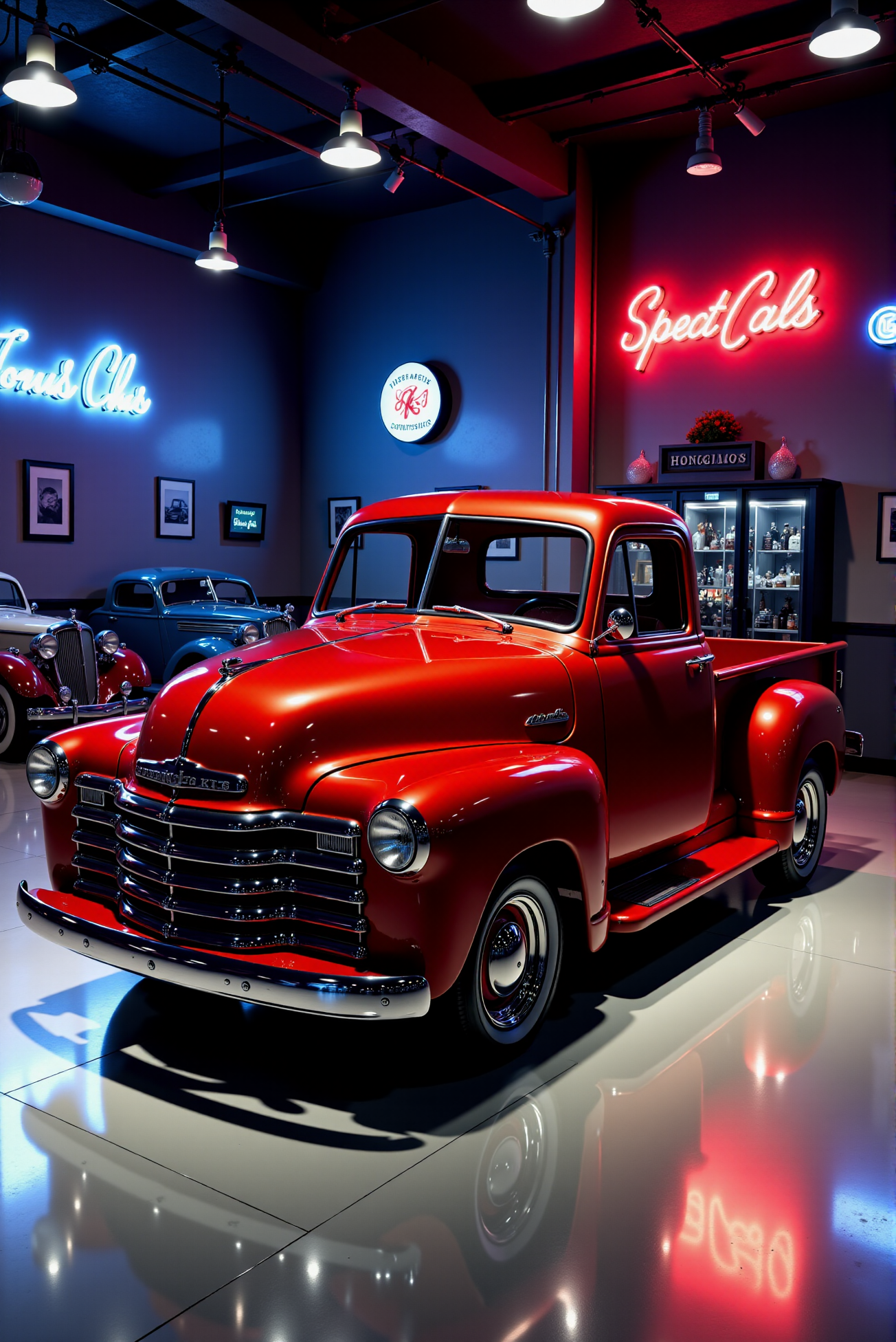 <lora:Hot_rod__style:0.8>
A photorealistic interior of a sleek car showroom at night, featuring a pristine 1950s classic pickup truck as the centerpiece. The truck is painted in a deep, glossy candy apple red that reflects the showroom’s overhead lights and neon signs on the walls, creating a rich, mirror-like sheen. The paint job is solid with no decals, emphasizing the smooth curves and chrome accents of the grille, bumper, and trim, which glow under the artificial lighting. The showroom floor is polished concrete, reflecting the truck’s vibrant red hue, while other classic cars in muted tones sit in the background, slightly out of focus. The walls are adorned with vintage car memorabilia and neon signs, casting a warm red and blue glow. The mood is elegant and nostalgic, with dramatic lighting that highlights the truck’s flawless finish, shot as if using a Nikon Z8 with an f/4 aperture for a balanced depth of field.