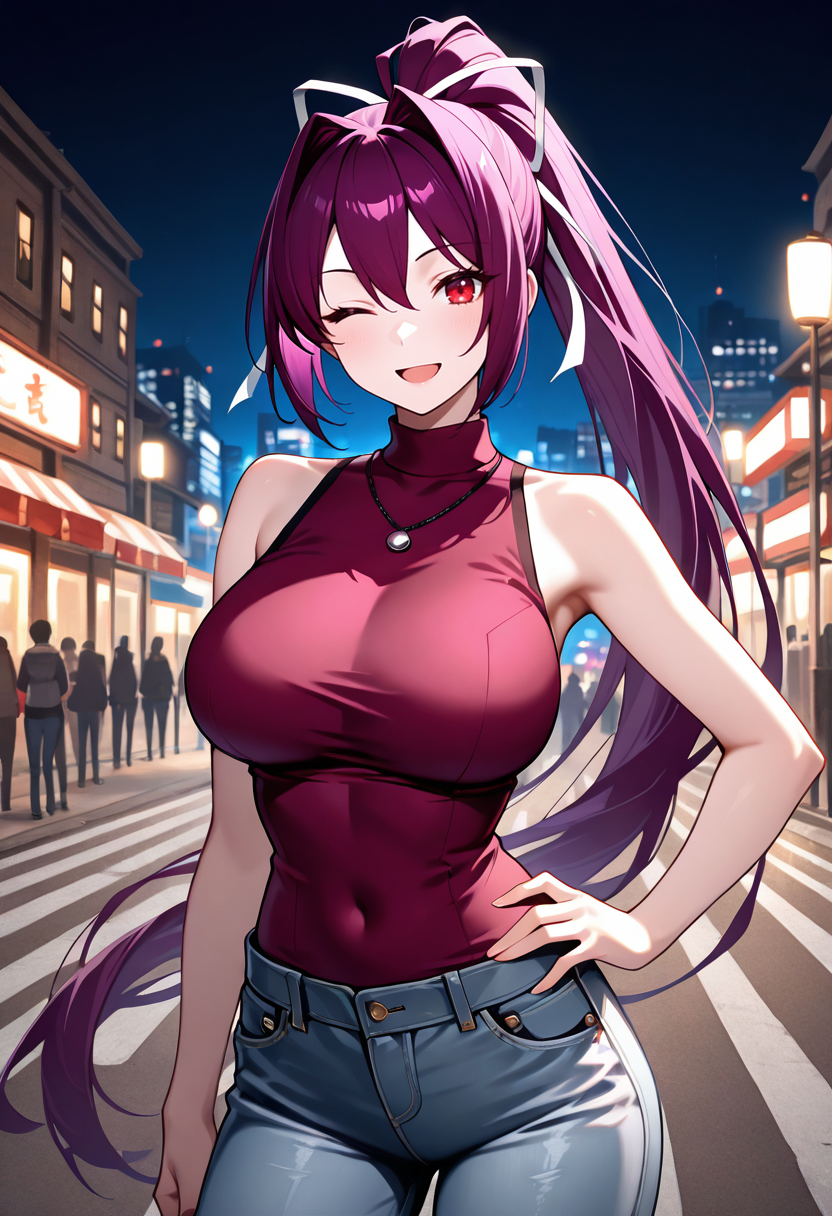 masterpiece, best quality, newest, absurdres, highres ,  <lora:YuzurihaUNIIllustrious:0.9>, YZRUNI,purple hair, long hair, ponytail, hair ribbon, hair intakes,  red eyes,  smile, open mouth, cityscape, night, purple turtleneck, large breasts, necklace, jeans, hand on own hip, cowboy shot, one eye closed, looking at viewer, street, sleeveless,