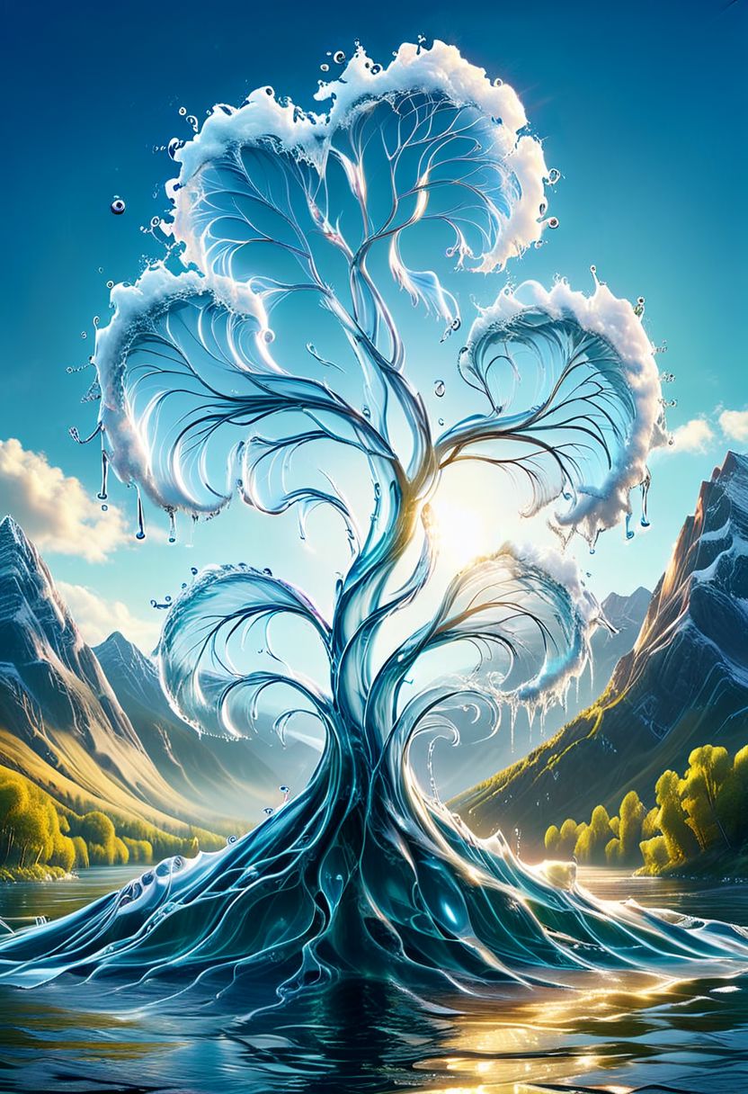 UHD, masterpiece, high quality, extremely details, intricate details, sharp focus, realistic, OverallDetailXL, sss
a tree made of ((water)) ,((ais-wvs)),  lake surrounded by mountains,sun sunlight, sunray ,SauronsTower,