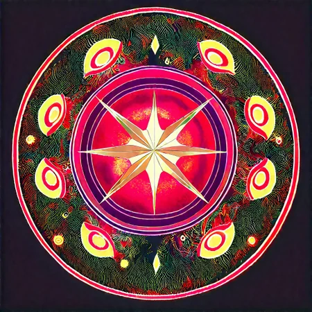 score_9, score_8_up, score_7_up, colored Mandala style, medium stylized pattern, (deep_purple base, black, red, and gold details), (glowing_golden_elements:1.2), Seviper, serpentine, vertical_figure_eight_pattern, intricate_design, symmetrical, traditional_mandala, luminous, mystical, highly_detailed, geometric_patterns, harmonious_composition, masterpiece, balanced, artistic, reverence, best quality, absurdres, highly detailed,