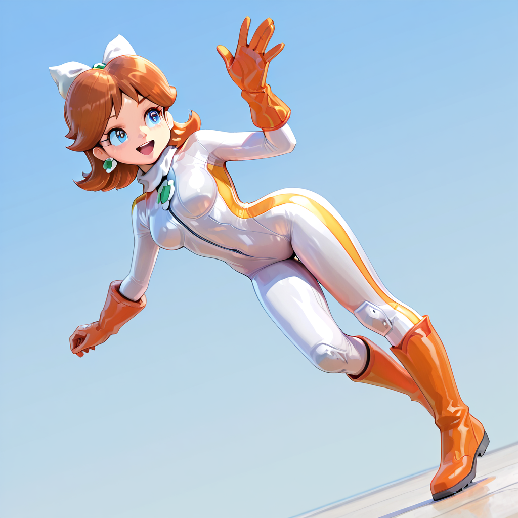1girl, daisymkwbiker <lora:Daisy MKW Adventure Outfits Illustrious V2:.9>, white body suit, orange boots, orange gloves, waving