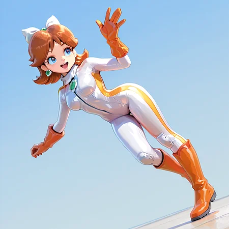 1girl, daisymkwbiker <lora:Daisy MKW Adventure Outfits Illustrious V2:.9>, white body suit, orange boots, orange gloves, waving