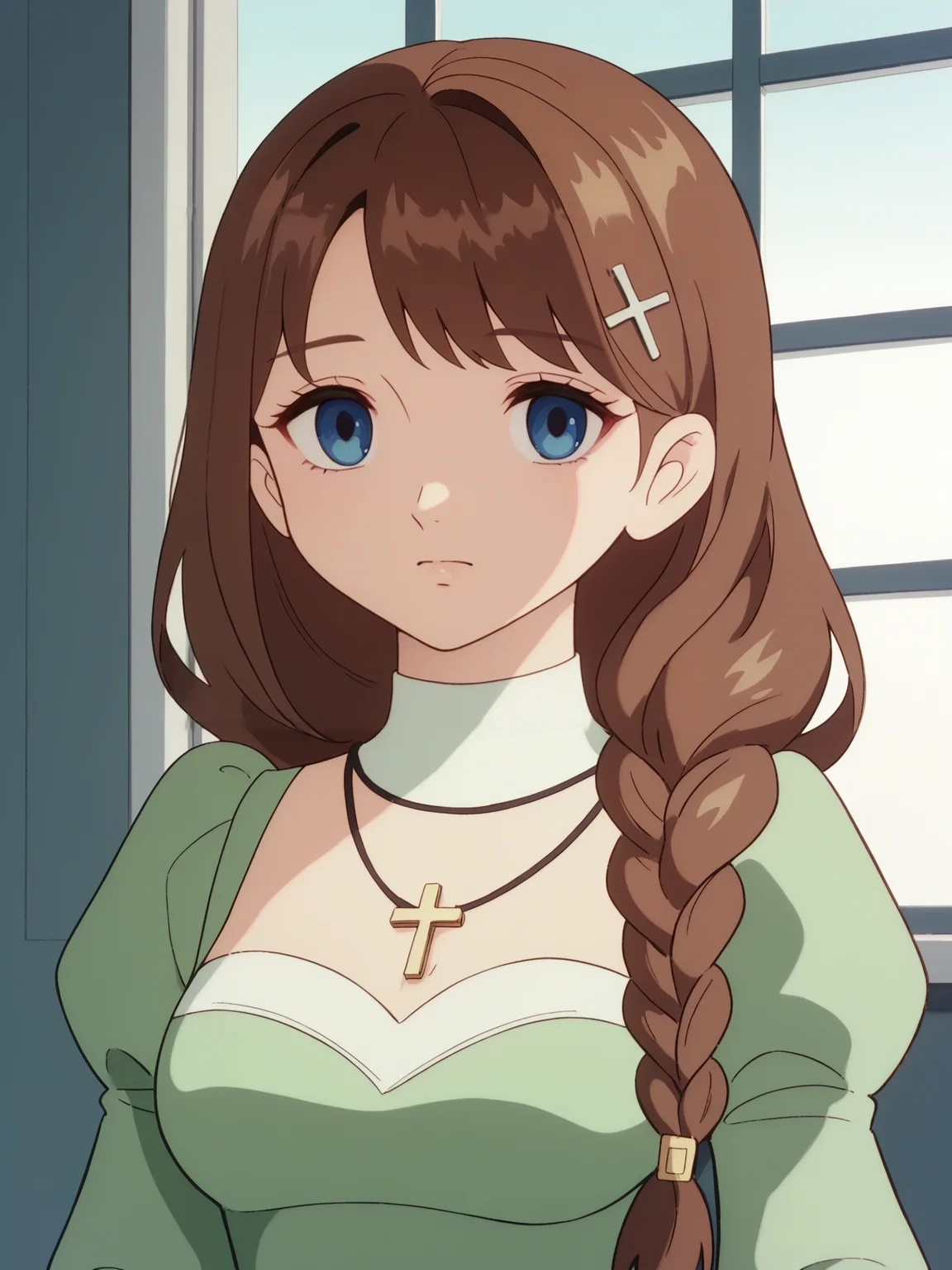 score_9, score_8_up, score_7_up, score_6_up, score_5_up, source_anime, smooth_anime,
solo, 1girl, jewelry, necklace, blue eyes, braid, upper body, brown hair, looking at viewer, breasts, hair ornament, long sleeves, closed mouth, puffy sleeves, dress, juliet sleeves, bangs, long hair, hairclip, medium breasts, window, sidelocks, cross necklace, single braid, green dress
<lora:Astro_Boy_1980:1>