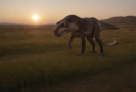 T-rex, realistic scales, detailed, irl, realistic image, photorealistic, bumpy skin, rough skin, tyrannosaurus, dinosaur, hyperrealistic, skin creases, wrinkles. Grass, dried out grass, walking, looking away from camera, realistic eyes, yellow eyes, walking, cracked ground, sunset, dead grass, desert, animal, walking, sharp teeth, sharp claws, 2 fingers, small arms, realism