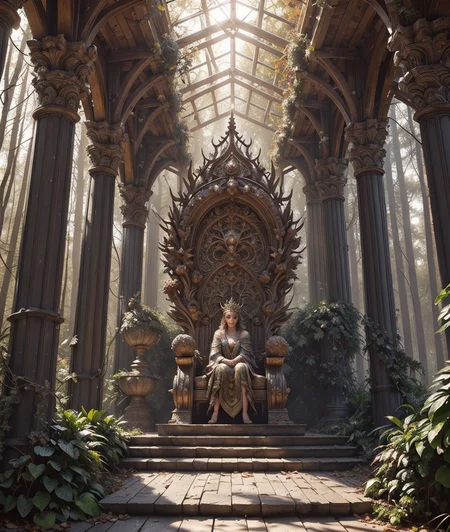 RAW photo, (masterpiece:1.3), subsurface scattering, heavy shadow, (high quality:1.4), (intricate, high detail:1.2), professional photography, HDR, High Dynamic Range, realistic, ultra realistic, photorealistic, high resolution, film photography, ambient lighting, atmospheric effects, <lora:detail_slider_v4:2>, OverallDetail, a beautiful elven queen wearing intricate robes and a crown of leaves, sitting on a high-backed and elaborately carved wooden throne in a forest hall, style-sylvamagic, <lora:ThroneRoom-10:0.4>, epiCPhoto