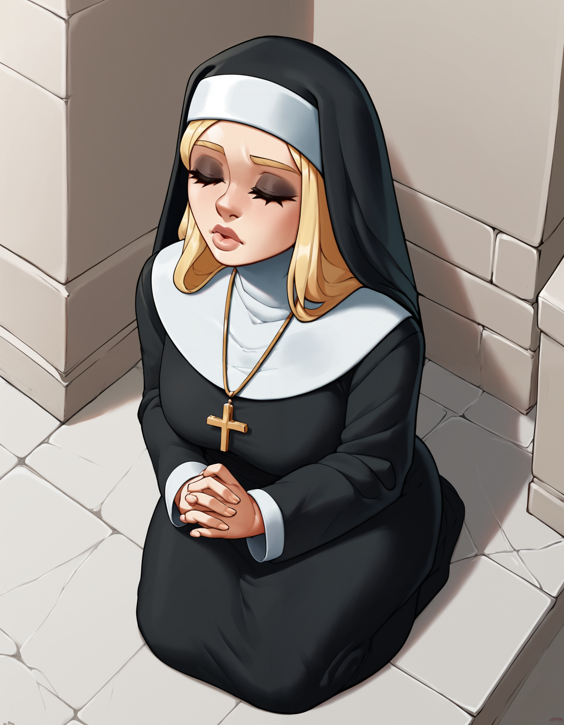 source_cartoon, score_9, score_8_up, score_7_up, score_6_up, score_5_up, score_4_up, BREAK  1girl, church, nun, kneeling, praying, from above, closed eyes, blonde hair, long hair, lips, makeup, <lora:AncestralPotatoPDXL:1>