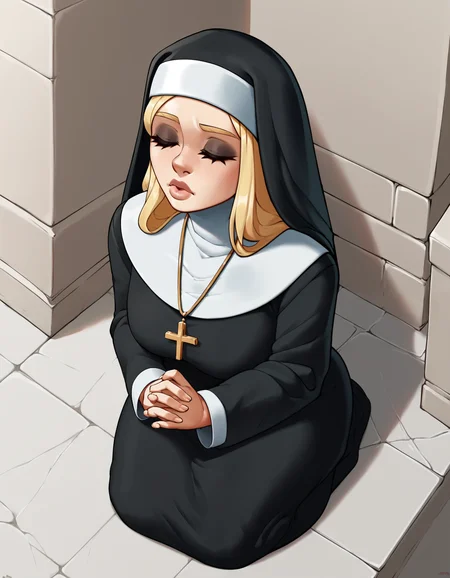 source_cartoon, score_9, score_8_up, score_7_up, score_6_up, score_5_up, score_4_up, BREAK 1girl, church, nun, kneeling, praying, from above, closed eyes, blonde hair, long hair, lips, makeup, <lora:AncestralPotatoPDXL:1>