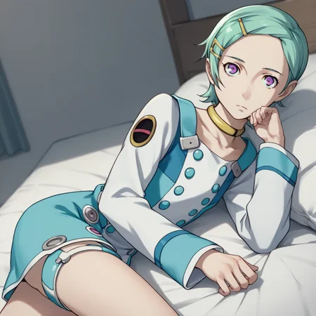 score_9, score_8_up, score_7_up, source_anime, <lora:Eureka - Eureka Seven:1> eureka, purple eyes, short hair, aqua hair, choker, hair ornament, hairclip, dress, long sleeves, thigh strap, indoors, bed, bed room, on side, expressionless, looking at viewer, dutch angle, cowboy shot,