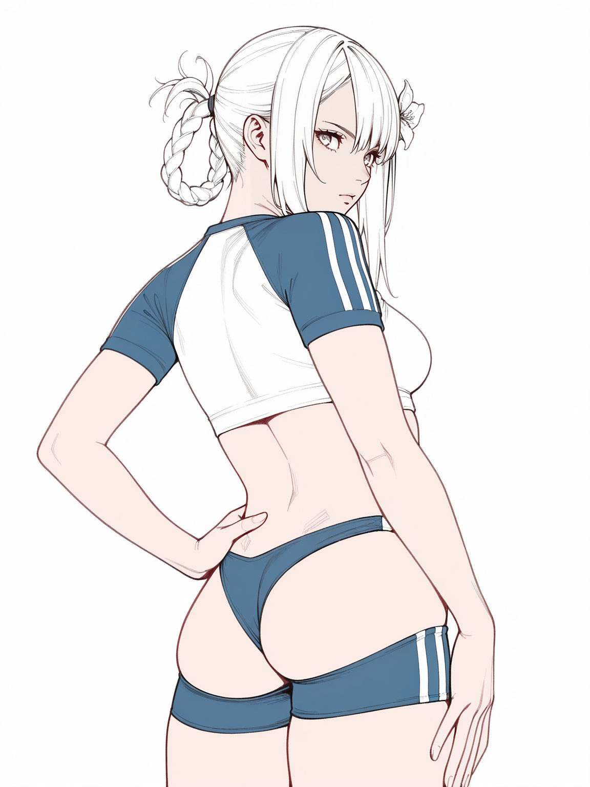 <lora:Clothing_TBackShorts-IL:0.8> <lora:Nier_KaineDEF-IL:0.8> 1girl, solo, n1erka1ne, white hair, asymmetrical bangs, hair ring, hair flower, tbackspats, blue buruma, raglan sleeves, short sleeves, crop top, hand on hip, looking back, back to viewer, white background, anime, lineart, masterpiece, best quality, detailed, highres, newest, recent, very as2, very awa