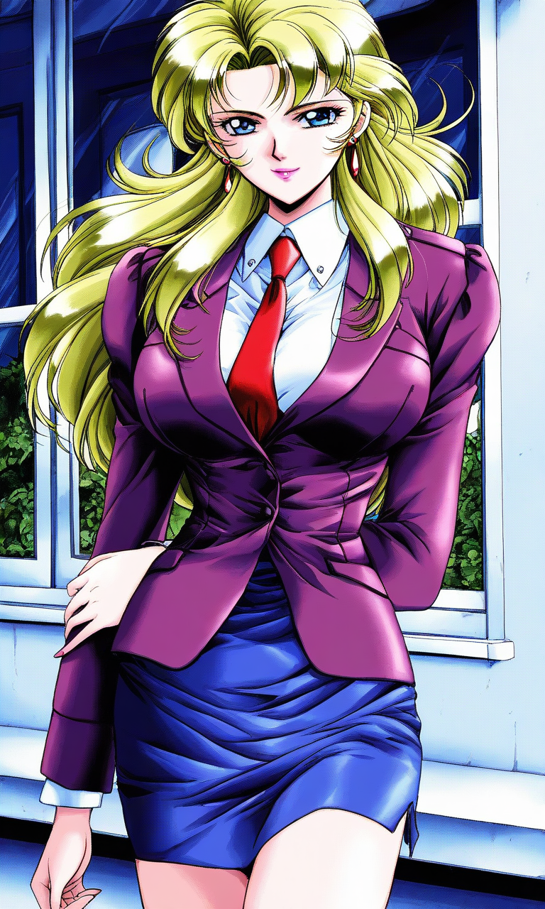 general,highres, ultra-detailed,very aesthetic,best quality ,best hands, BREAK <lora:Naitou_Midori_SHANGRLIA2_IS:1>
Naitou_Midori, 1girl, solo,  blond green hair, blue eyes, jewelry, earrings, long hair, large breasts, pink lipstick.
light smile, looking at viewer, ï¼purple jacket, red necktie,blue skirt, 
window, shirt, formal, long sleeves, outdoor,