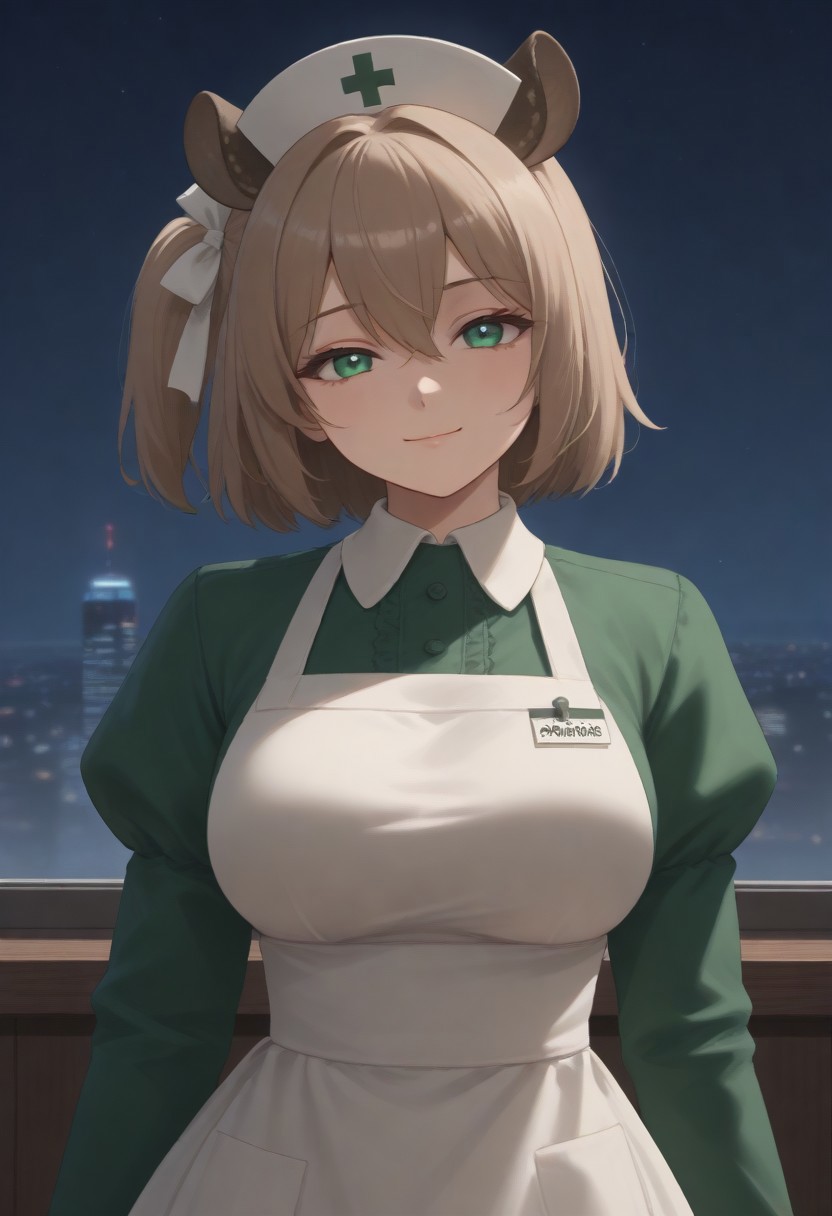 1girl, solo, solo focus, highres, absurdres, NimiNightmare, nurse cap, green eyes, bangs, animal ears, brown hair, hair between eyes, short hair, one side up,
large breasts, white apron, green dress, long sleeves, collared dress, puffy sleeves, white thighhighs,
looking at viewer, closed mouth, smug, head tilt, from side, 
cityscape, neon lights, window, dark, night, night sky, light particles, backlighting,