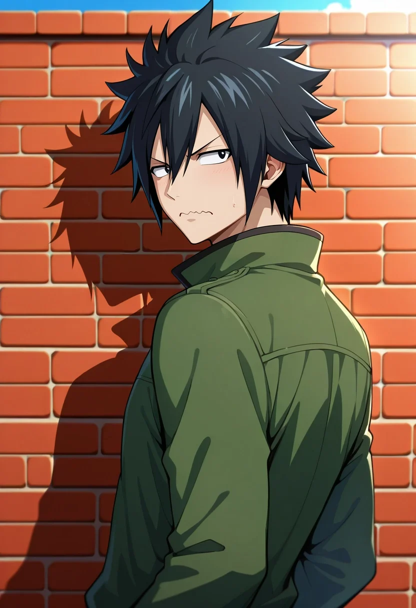 masterpiece, best quality, , , , 1boy, solo, male focus, <lora:gray_fullbuster_ilxl:0.98>, gray_fullbuster, black hair, black eyes, spiked hair, hair between eyes, , , from side, great wall of china, day, sunny, looking back, wavy mouth, closed mouth,