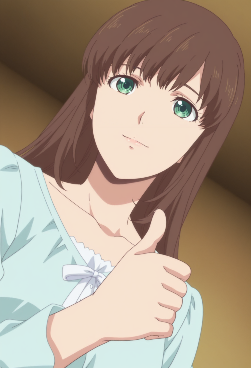 anime screencap, anime coloring, 1girl,  solo,   <lora:DX888Tachibana:1>  tachibana hina,green eyes, brown hair, long hair, hair down, BREAKred background, two-tone background, BREAK dutch angle,  from below, dynamic pose, posing,  , light smile,      thumbs up,