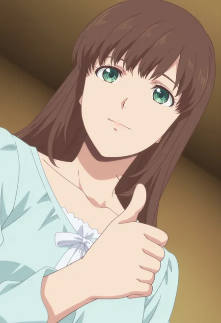 anime screencap, anime coloring, 1girl,  solo,   <lora:DX888Tachibana:1>  tachibana hina,green eyes, brown hair, long hair, hair down, BREAKred background, two-tone background, BREAK dutch angle,  from below, dynamic pose, posing,  , light smile,      thumbs up,