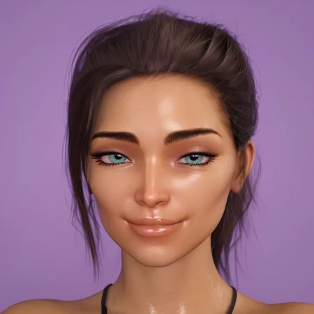 easynegative, masterpiece,best quality, highly detailed, score_9, score_8_up, score_7_up, score_6_up,
1 girl, solo, Brenna, grey-blue eyes, black hair, beautiful girl, shiny look, dark skin. looking directly at viewer.
happy face, smiling, face focus, close up of face. purple background.