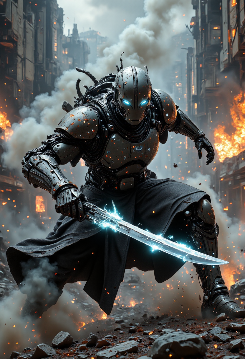 Create a highly detailed,high-resolution image of an imposing cyborg warrior clad in intricate layers of heavy metal armor plating,amidst the chaos and destruction of an intense futuristic battlefield. The cybernetic enhancements are seamlessly integrated into the armored suit - glowing blue optics peer out from beneath a protective visor,while hydraulic limbs flex as they wield razor sharp energy blades with deadly precision. Smoke billows in the background,casting an ominous haze over the ruined landscape littered with debris and fallen foes. In this moment of fierce combat,the cyborg's expression is one of unyielding determination and ruthless efficiency - a testament to its unwavering commitment to victory at all costs on this dystopian war-torn world.,<lora:digital-abyss:1>,bo-abyss,<lora:DarkCore:1>,<lora:The_Vanguard:0.8>,SentinelBot,<lora:ck-Neurocore-Realistic-Cyborgs:1>,in the style of ck-ncr,<lora:aidmaMJ6.1_v0.5_3:0.7>,aidmamj6.1,<lora:aidmaImageUpraderv0.3:0.35>,aidmaimageupgrader,