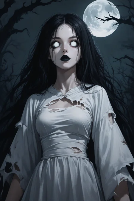 score_9, score_8_up, score_7_up, BREAK source_anime, <lora:Banshee-PonyXL-lora-Faxtron:1> banshee, 1girl, blank eyes, long hair, medium breasts, pale skin, black lips, long fingernails, black fingernails, white dress, long sleeves, wide sleeves, torn clothes, horror \(theme\),