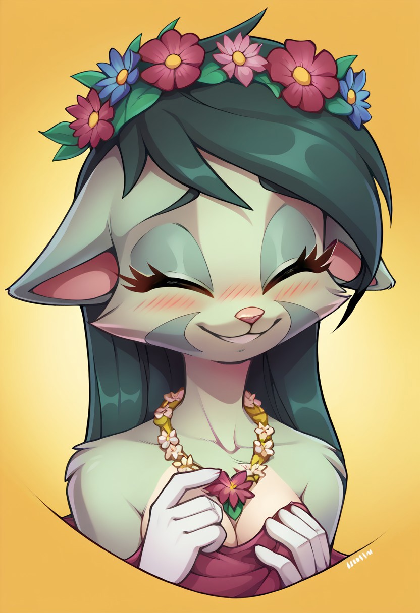 score_9, score_8_up, score_7_up, source_anime, BREAK 
lilith_calah, 1girl, furry female, furry, solo, tail, animal ears, 
blushing, bust, cute, eyes closed, floppy ears, floral head wreath, floral necklace, flower in hair, high-res, smiling, (((disembodied hand groping face)))