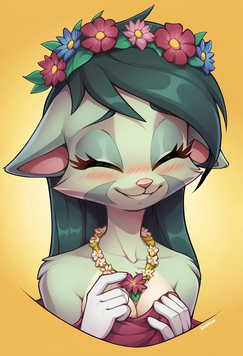 score_9, score_8_up, score_7_up, source_anime, BREAK 
lilith_calah, 1girl, furry female, furry, solo, tail, animal ears, 
blushing, bust, cute, eyes closed, floppy ears, floral head wreath, floral necklace, flower in hair, high-res, smiling, (((disembodied hand groping face)))