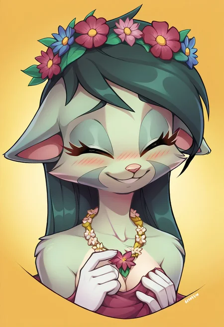 score_9, score_8_up, score_7_up, source_anime, BREAK
lilith_calah, 1girl, furry female, furry, solo, tail, animal ears,
blushing, bust, cute, eyes closed, floppy ears, floral head wreath, floral necklace, flower in hair, high-res, smiling, (((disembodied hand groping face)))