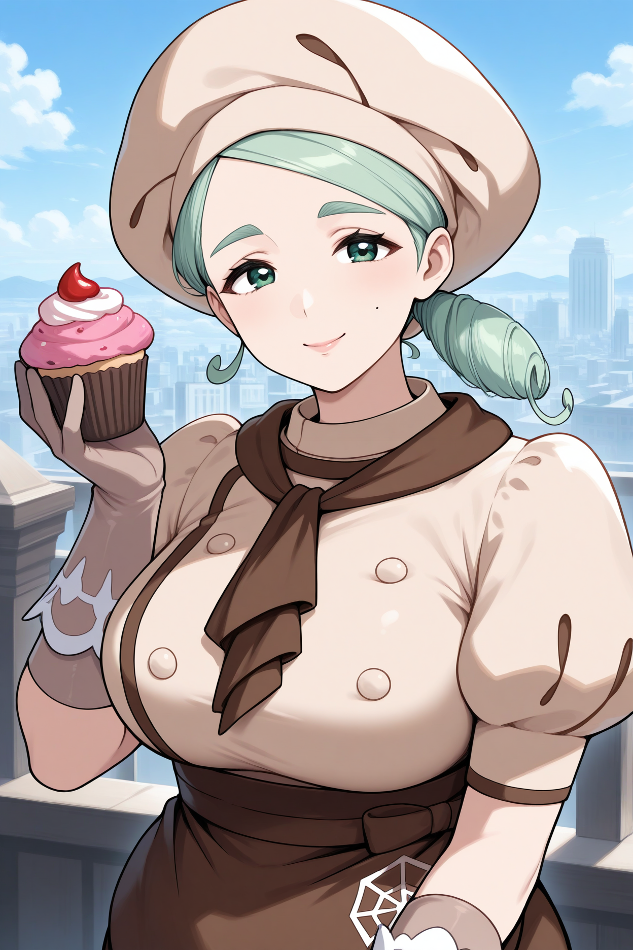 masterpiece, best quality, 1girl, solo,  <lora:pkmnkaty-illu-nvwls-v1-000006:1> pmkt, green hair, side ponytail, low ponytail, green eyes, mole on cheek, big breasts, beige hat, black ascot, puffy short sleeves, beige shirt, double-breasted, buttons, dark brown skirt, brown apron, waist apron, long skirt, beige gloves, mature female, upper body, smile, looking at viewer, blue sky, cityscape, clouds, holding cupcake