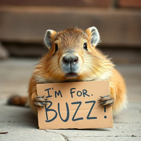 A cute capybara has a cardboard piece with a message asking for BUZZ