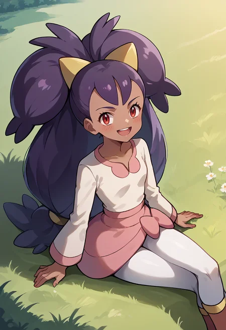 <lora:pony_good_hands:1>, <lora:Anime Style 2 SDXL_LoRA_Pony Diffusion V6 XL:0.3>, score_9, score_8_up, score_7_up, source_anime, good_hands, <lora:ExobeloStyle:0.7>
outdoors, landscape, grass, from above,
<lora:IrisPokemonIXL:1>, 1girl, solo, iris \(pokemon\), dark skin, long purple hair, big hair, hair ornament, white leggings, long sleeves, miniskirt, pink skirt,
<lora:Expressive_H:0.65>, red eyes, looking at viewer, blush, smug, smile, open mouth,
sitting, crossed legs, arm support,