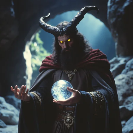 ArsMovieStill, 80s Fantasy Movie Still, The image shows a man dressed as a demon holding a crystal ball in his right hand. He is wearing a long robe with a hood and a cape draped over his shoulders. The man has long dark hair and a long beard and his face is covered in a dark eerie expression. He has two large curved horns on his head which are pointed upwards. The background appears to be a rocky landscape with a cave-like entrance. The overall mood of the image is dark and ominous., horns, planet, 1boy, facial hair, beard, male focus, solo, earth (planet), robe, yellow eyes