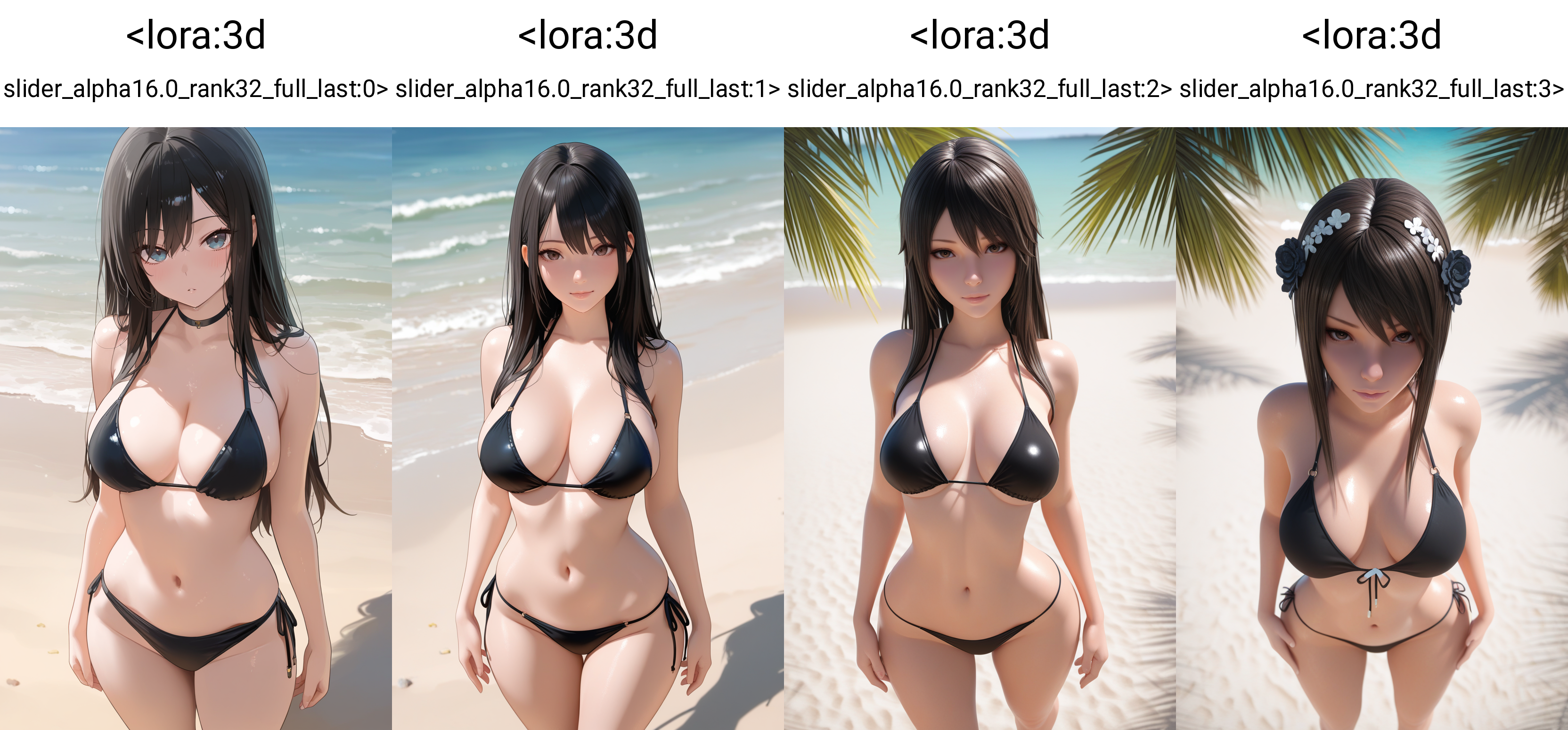 masterpiece, best quality,  1girl,solo, standing, looking at viewer, black bikini, beach,  facing viewer,    <lora:3d slider_alpha16.0_rank32_full_last:0>