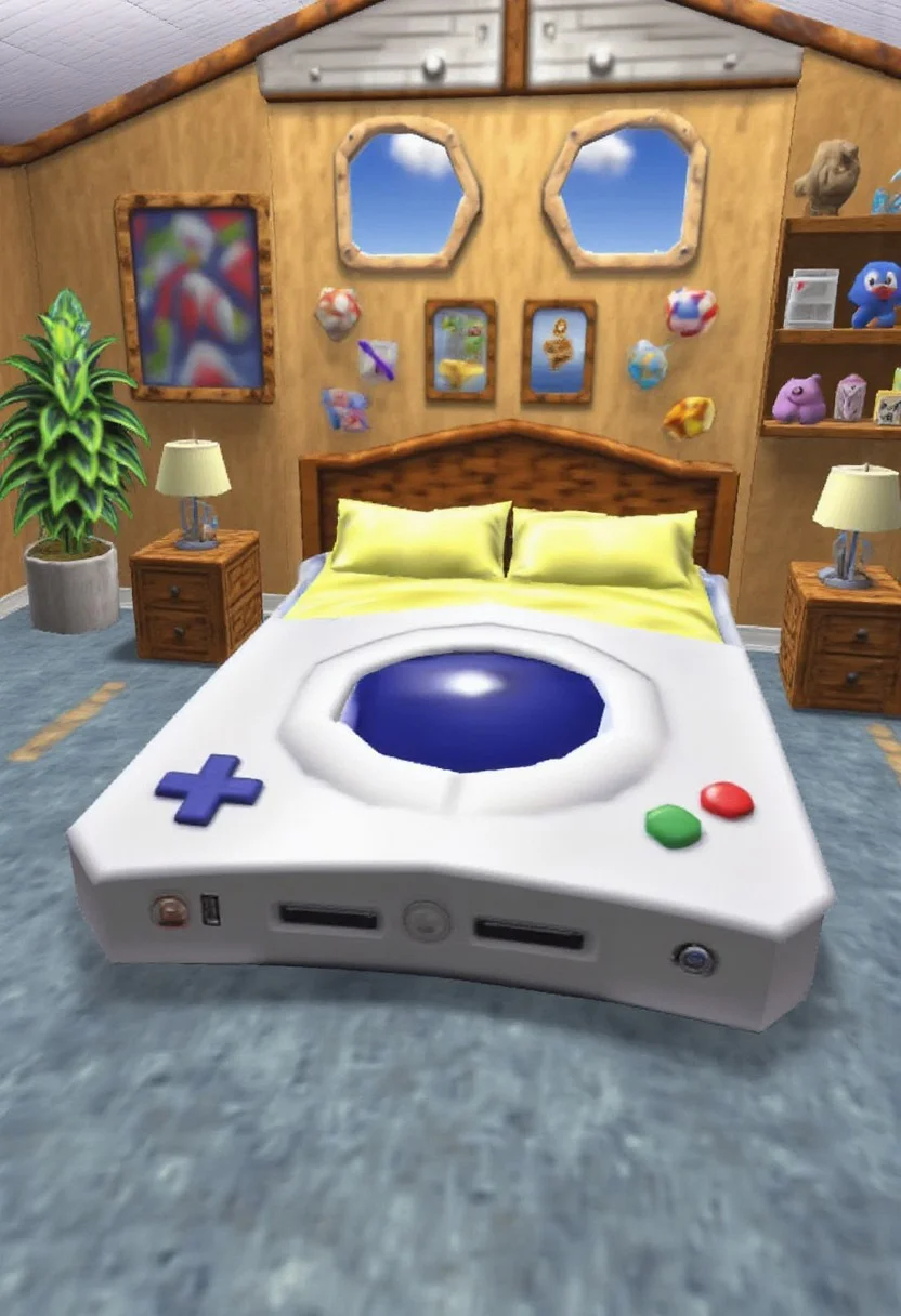This is a n64style picture of a Nintendo themed bedroom with a unique, low poly Nintendo 64 console-shaped bed as the central focus.