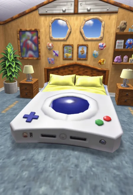 This is a n64style picture of a Nintendo themed bedroom with a unique, low poly Nintendo 64 console-shaped bed as the central focus.
