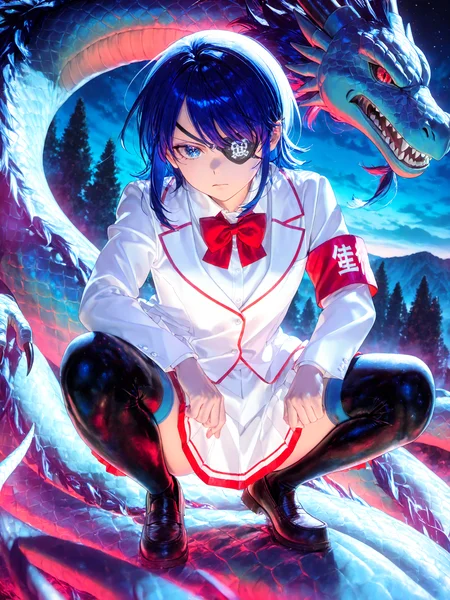 siiqa vivi, shuri \(84k\) <lora:Aoi3XL:1> Ryugo_YS, 1girl, short hair, white school uniform, red bowtie, armband, pleated skirt, eyepatch, serious, two-tone thighhighs, full body, loafers, slav squatting, 
<lora:cfg_scale_boost:0.9>, solo, blue dragon, sky, in the sky, night, outdoors, 
best quality, amazing quality, very aesthetic, absurdres, newest, lazypos, <lora:cfg_scale_boost:0.9>