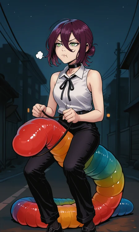 embedding:IllusP0s, riding gummy worm, reigns, reze, pouting, choker, black ribbon, white shirt, 1girl, solo, sleeveless, outdoors, night, green eyes, purple hair, f3rn4nd0,<lora:Style_soph-Fernando-ILXL.safetensors:1.0:1.0> <lora:riding gummy worm_reigns_illustrious.safetensors:1:1>