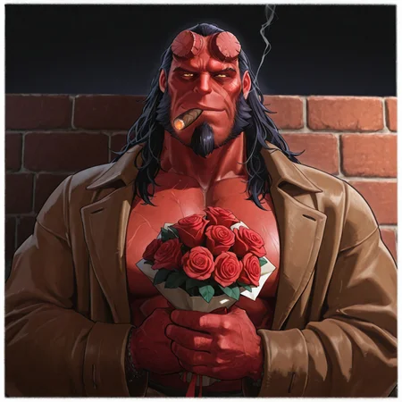 masterpiece, best quality, newest, absurdres, highres, Diz_D00dz, white borders around characters, soft light, BREAK bara, muscular, 1man, male focus, male, male focus, red skin, broken horns, yellow eyes, dark hair, facial hair, strong jaw, mature male, mutton chops, goatee, shoulder length hair, receding hairline, sideburns, thin eyebrows, low-set eyebrows, square chin, {{beefy}}, {{muscular}}, {{large}}, close up to face, night, brick wall, smirk, smoking a cigar, a cigar in his mouth, open coat, Bouquet of flowers in hands, hearts 