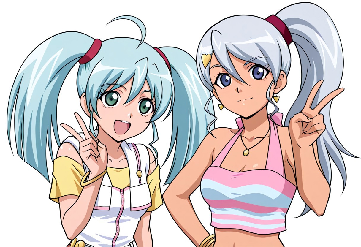 score_9, score_8_up, score_7_up, ASCII score_9, source_anime, 8K,best quality, hyper detailed,masterpiece, UHD,illustration,Anime art style, bakugan new vestroia.2girls, (runo misaki:1.2), runo misaki, blue hair, green eyes, white hoodie, twintails, vestroia outfit, left. (Julie makimoto:1.2), julie makimoto, silver hair, blue eyes, pink top,vestroia outfit, right, smile, v, simple background, white background