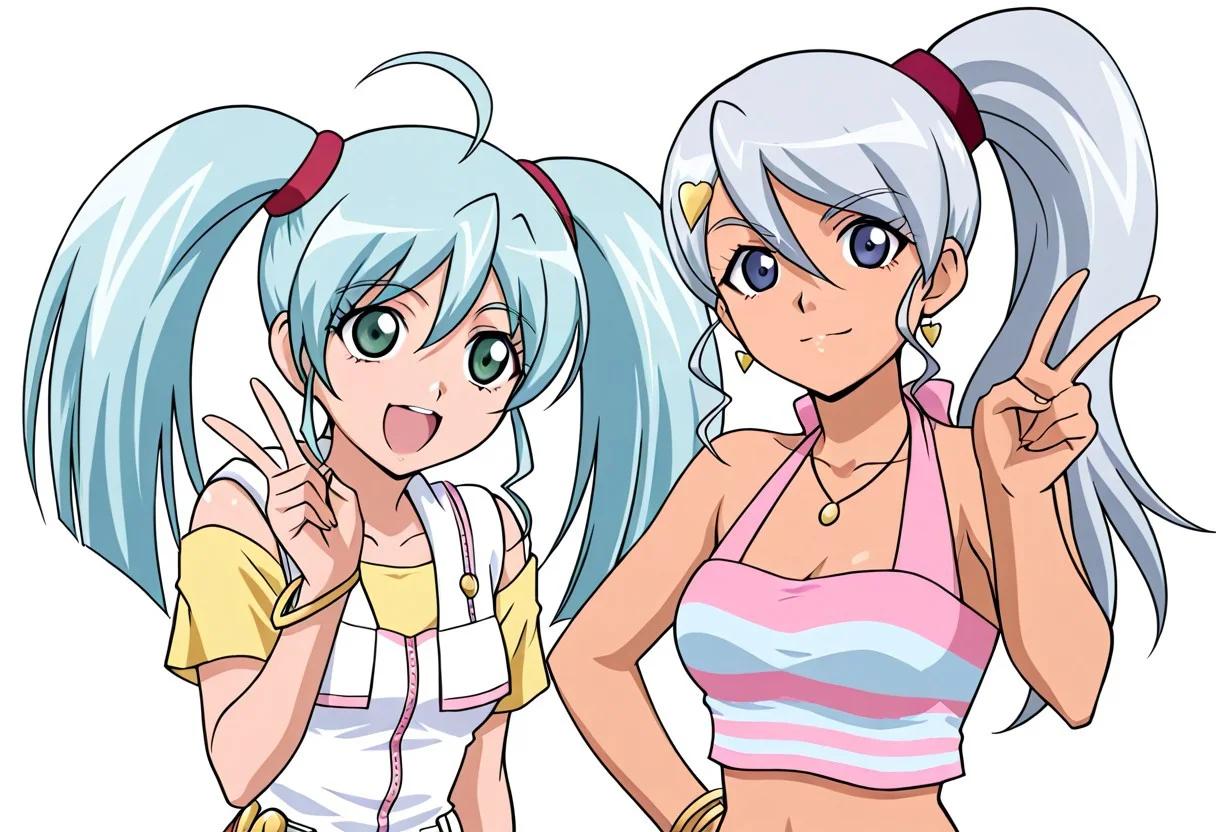 score_9, score_8_up, score_7_up, ASCII score_9, source_anime, 8K,best quality, hyper detailed,masterpiece, UHD,illustration,Anime art style, bakugan new vestroia.2girls, (runo misaki:1.2), runo misaki, blue hair, green eyes, white hoodie, twintails, vestroia outfit, left. (Julie makimoto:1.2), julie makimoto, silver hair, blue eyes, pink top,vestroia outfit, right, smile, v, simple background, white background