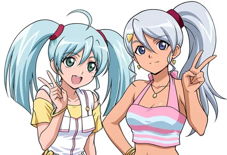score_9, score_8_up, score_7_up, ASCII score_9, source_anime, 8K,best quality, hyper detailed,masterpiece, UHD,illustration,Anime art style, bakugan new vestroia.2girls, (runo misaki:1.2), runo misaki, blue hair, green eyes, white hoodie, twintails, vestroia outfit, left. (Julie makimoto:1.2), julie makimoto, silver hair, blue eyes, pink top,vestroia outfit, right, smile, v, simple background, white background