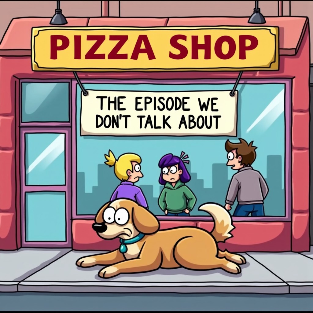 A cartoon still from a film in sonadrawzstuffyt style of an old tired dog laying by a pizza shop watching people walk past. The pizza shop sign above it just says in text "PIZZA SHOP". A banner out the front says in text "THE EPISODE WE DON'T TALK ABOUT".