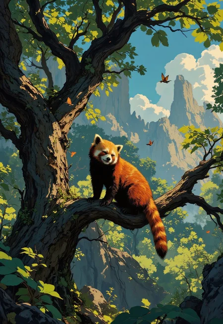 A high-quality, cinematic anime artwork featuring a lazy red panda sleeping soundly on a thick branch of an ancient Ginkgo tree. The red panda’s fluffy fur, detailed with intricate patterns and soft textures, drapes languidly as its limbs hang in a relaxed, carefree position. Surrounding the red panda, the ginkgo tree’s lush green foliage forms a rich, vibrant canopy, while the gnarled bark—textured with moss patches—adds a sense of age and wisdom to the scene. Colorful singing birds and delicate butterflies flit about the branches, enhancing the lively, natural atmosphere. The background features a deep blue, cloudy sky illuminated by bright sunlight that casts dramatic deep shadows and brilliant highlights, creating a dynamic interplay of light and shade. The overall composition is rendered in an anime studio style with meticulous detail and a painterly touch, capturing the tranquil beauty of nature in a refined, cinematic manner.
in the style of cksc, DB4RZ, aidmafluxpro1.1, Anime art