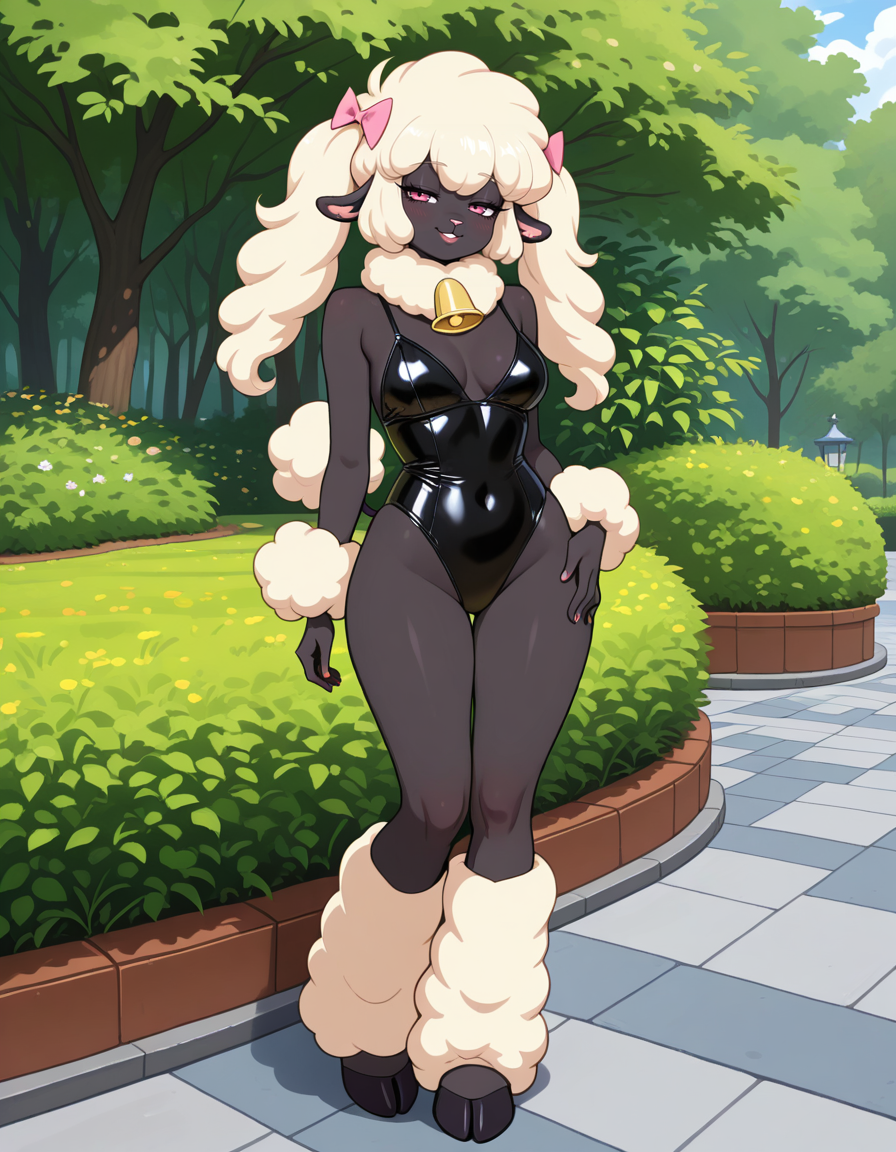 masterpiece, best quality, very aesthetic, absurdres,
outdoors,
full body, standing, posing,
casual, 
seductive smile, parted lips, long eyelashes,
<lora:PoodleSheep_v01_NAIXL:1> P00dl3Sh33p,1girl, solo, furry, furry female, animal ears, long hair, bangs, hair bow, sheep ears, pink eyes, animal nose, neck bell, black skin, body fur, white fur, poodle tail, hooves,