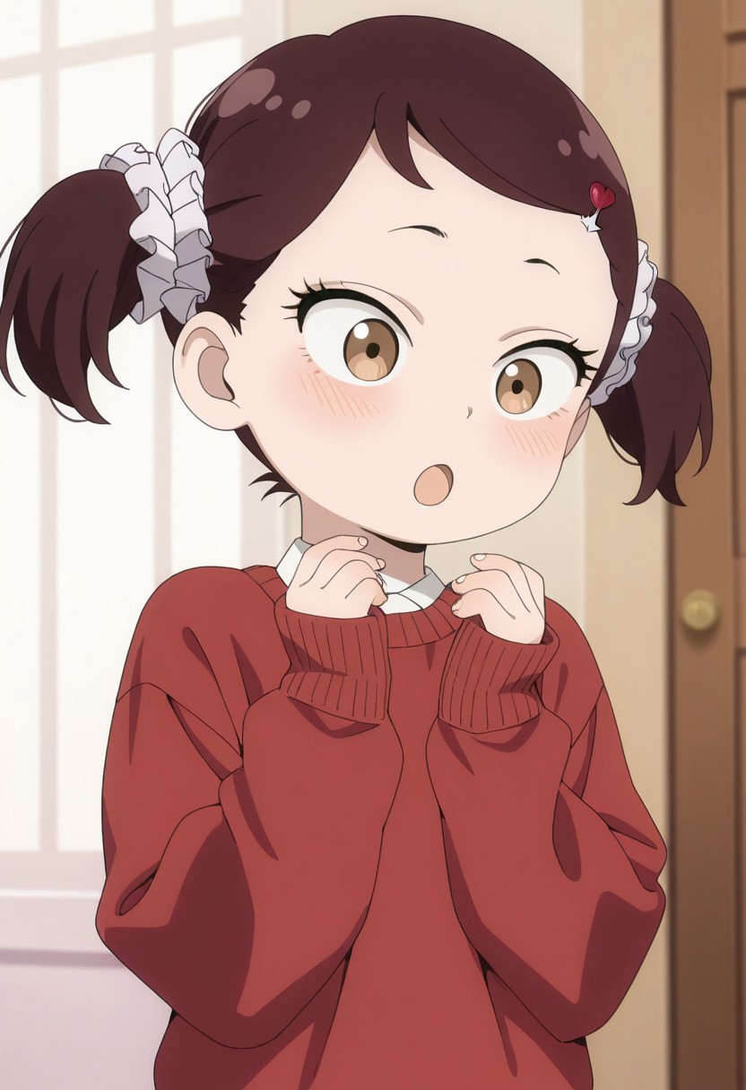 masterpiece,best quality,amazing quality, becky blackbell, female child, child, brown hair, brown eyes, short twintails, 1girl, solo, hair ornament, sweater, hairclip, open mouth, red sweater, sleeves past wrists, upper body, sidelocks, long sleeves, :o