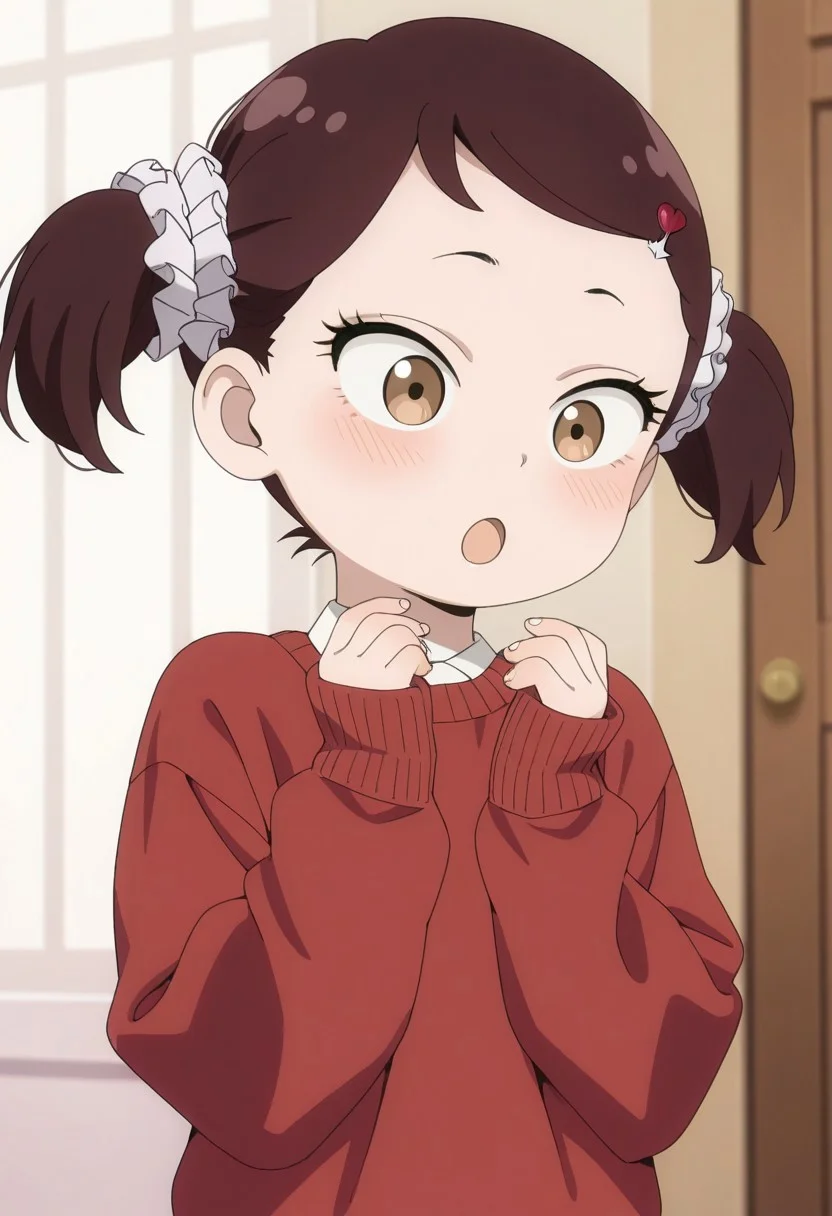 masterpiece,best quality,amazing quality, becky blackbell, female child, child, brown hair, brown eyes, short twintails, 1girl, solo, hair ornament, sweater, hairclip, open mouth, red sweater, sleeves past wrists, upper body, sidelocks, long sleeves, :o