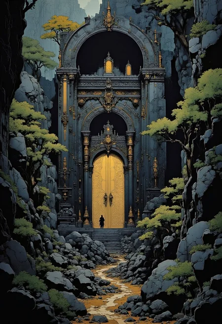 A massive black cliff, huge doors are carved into the cliff, gold inlay decorates the walls, trees either side of the doors, reminiscent of Tolkien's epic dwarven doors, epic fantasy, black and gold, monumental architecture, architecture, Sharp detailed high quality image style