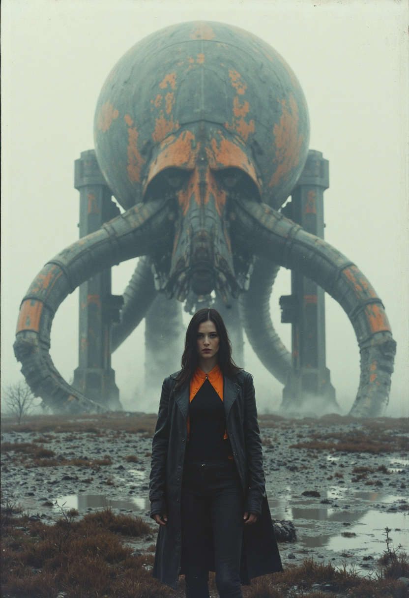  analogstyle, A grainy, black and white photograph, its edges blurred by the swirling mist and the passage of time, captures a young woman standing defiantly before a colossal mechanical monstrosity. Her dark hair, straight and sharp against her pale face, frames a gaze of steely determination. She is dwarfed by the towering form of the creature, its rusty orange and black metal body a grotesque parody of an octopus, its menacing tentacles reaching out like the arms of a malevolent god.  The woman's sleek, black tactical suit, a second skin against the harsh elements, offers a stark contrast to the creature's rough, industrial form.  A splash of color comes from the vibrant orange lining of her oversized jacket, a defiant flicker of life in a desolate world. The landscape around them is shrouded in mist, a barren expanse of mud and stagnant water reflecting the oppressive gray sky.  The mechanical creature casts a long, menacing shadow, symbolizing the threat that looms over this post-apocalyptic world. 
